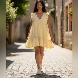 Alter’d State Mini Dress NWT Yellow Flowy Baby Doll Flirty Women’s L